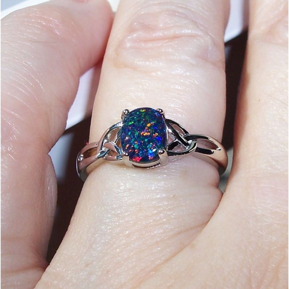 925 STERLING SILVER  Oval Lab Created Black Opal Ring - Picture 7 of 16